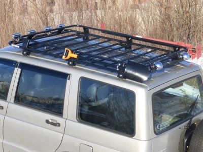 Экспедиционный багажник Уникар для УАЗ Patriot, корзина с сеткой. Устанавливается на водостоки.